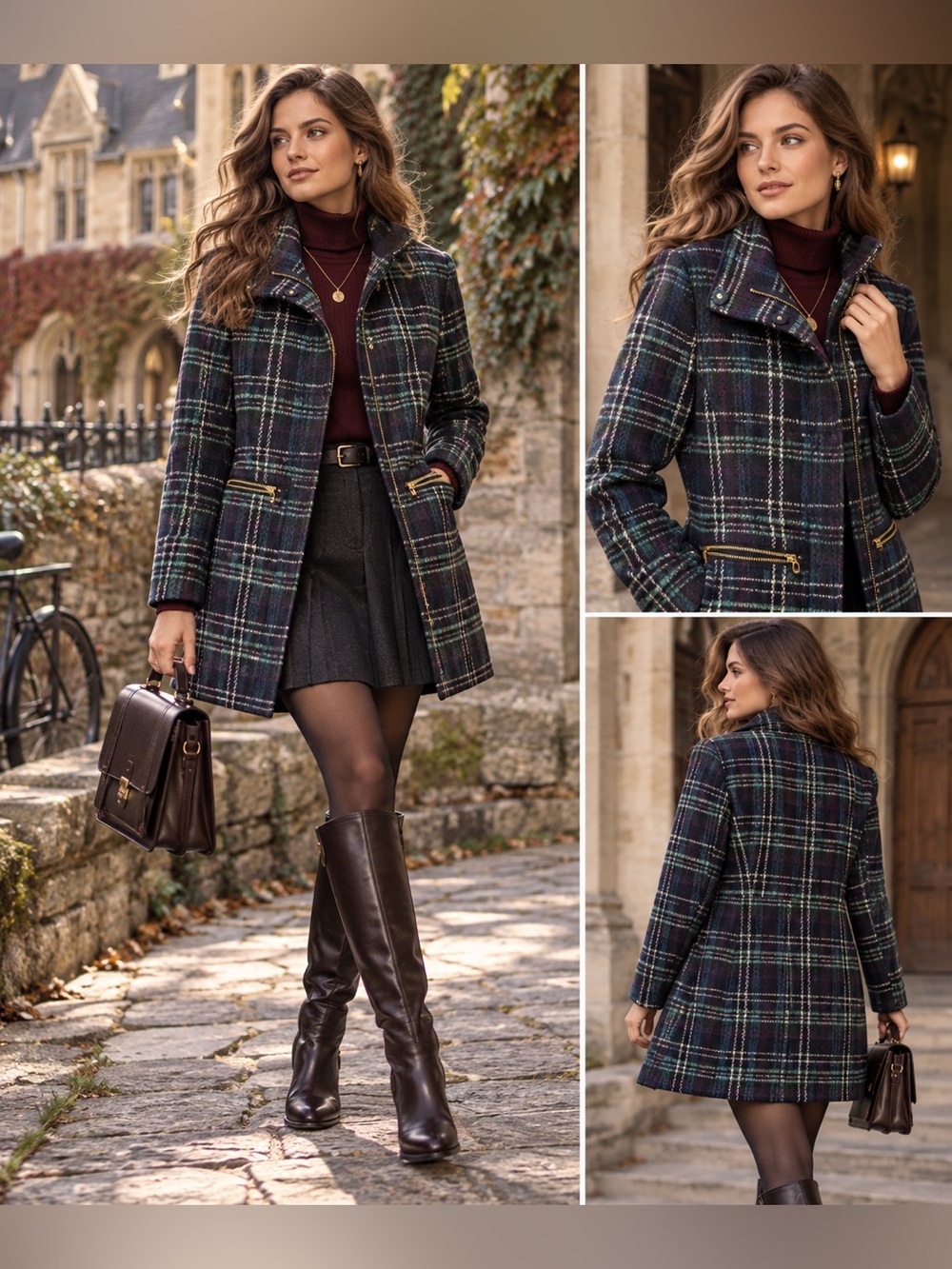 Worthington Dark Navy and Forest Green Plaid Peacoat with Gold Zips